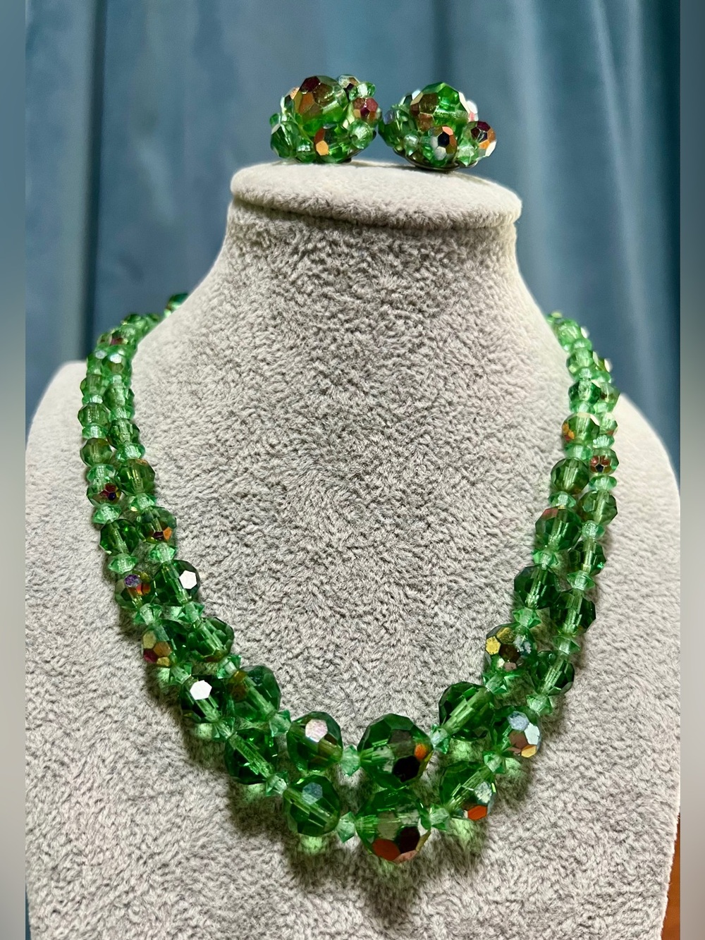 Vintage Green Crystal Double Strand Necklace with Clip Earrings